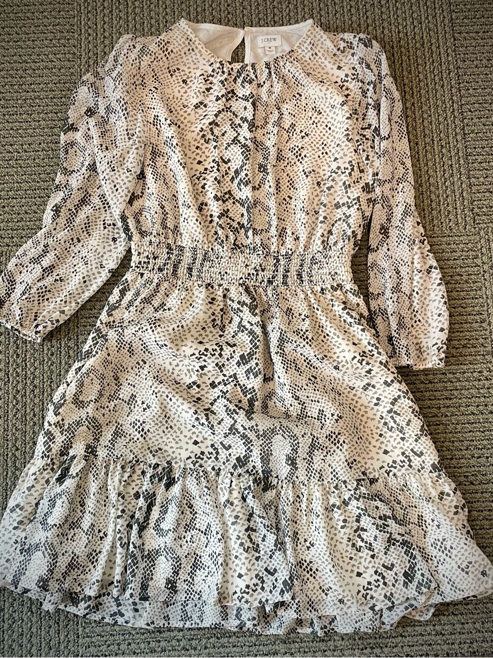 J. Crew Cream and Black Snake-Print Dress with Smocked Waist